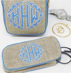  Eyeglass Case and Single Andrea in natural textured linen with blue Maguire appliqué  Any appliqué or monogram available   7� Single Andrea Jewelry Case and Eye Glasses Case NULL